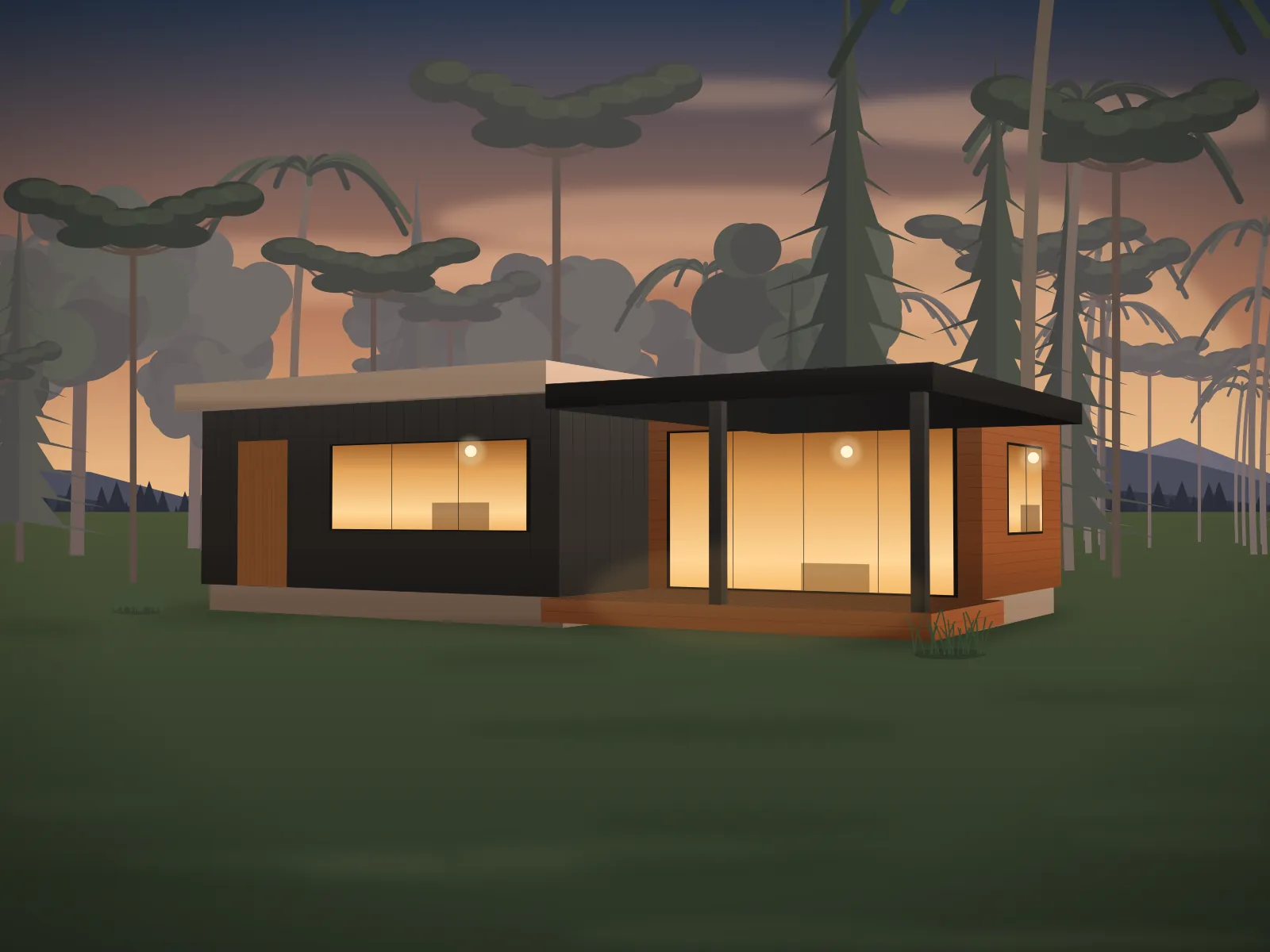 Casa modular de dois volumes com varanda coberta e deck de madeira ao entardecer