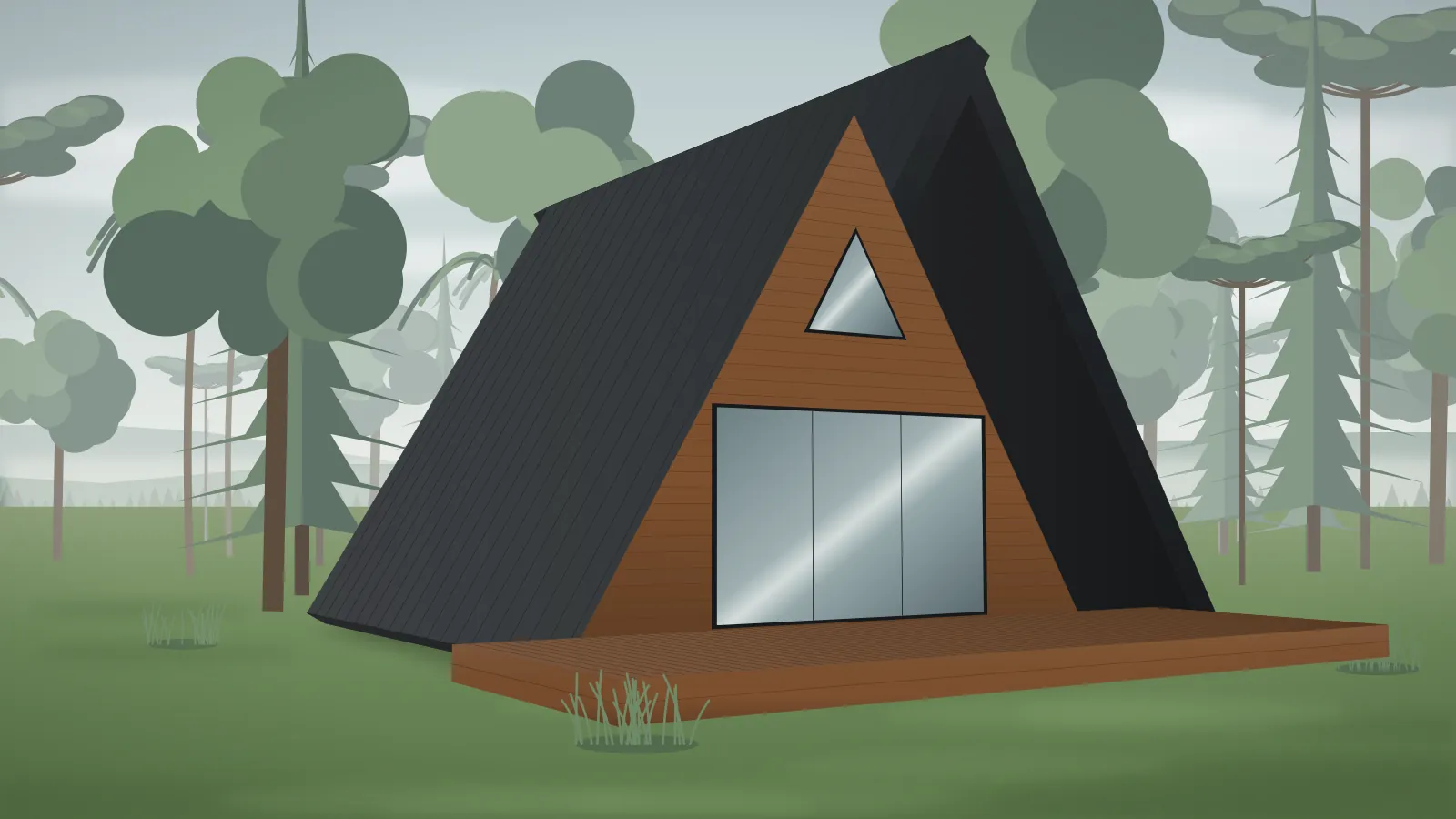 Chalé modular A-frame com varanda e deck de madeira em meio a pinheiros em uma manhã de neblina