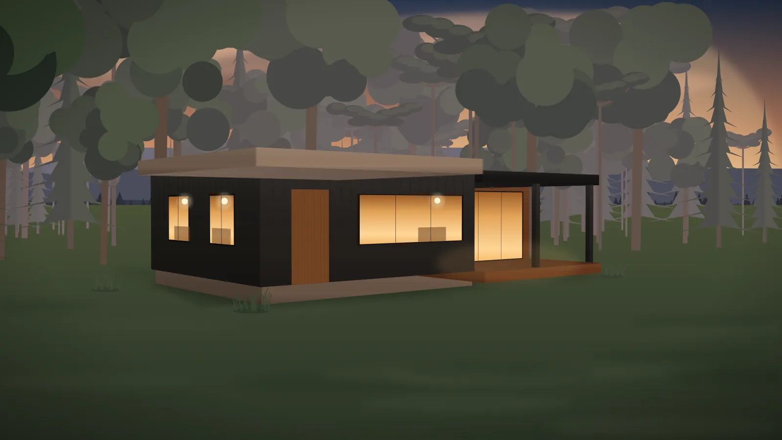 Casa modular Araucária de 65 m² com volumes em grafite e madeira e varanda iluminada ao entardecer