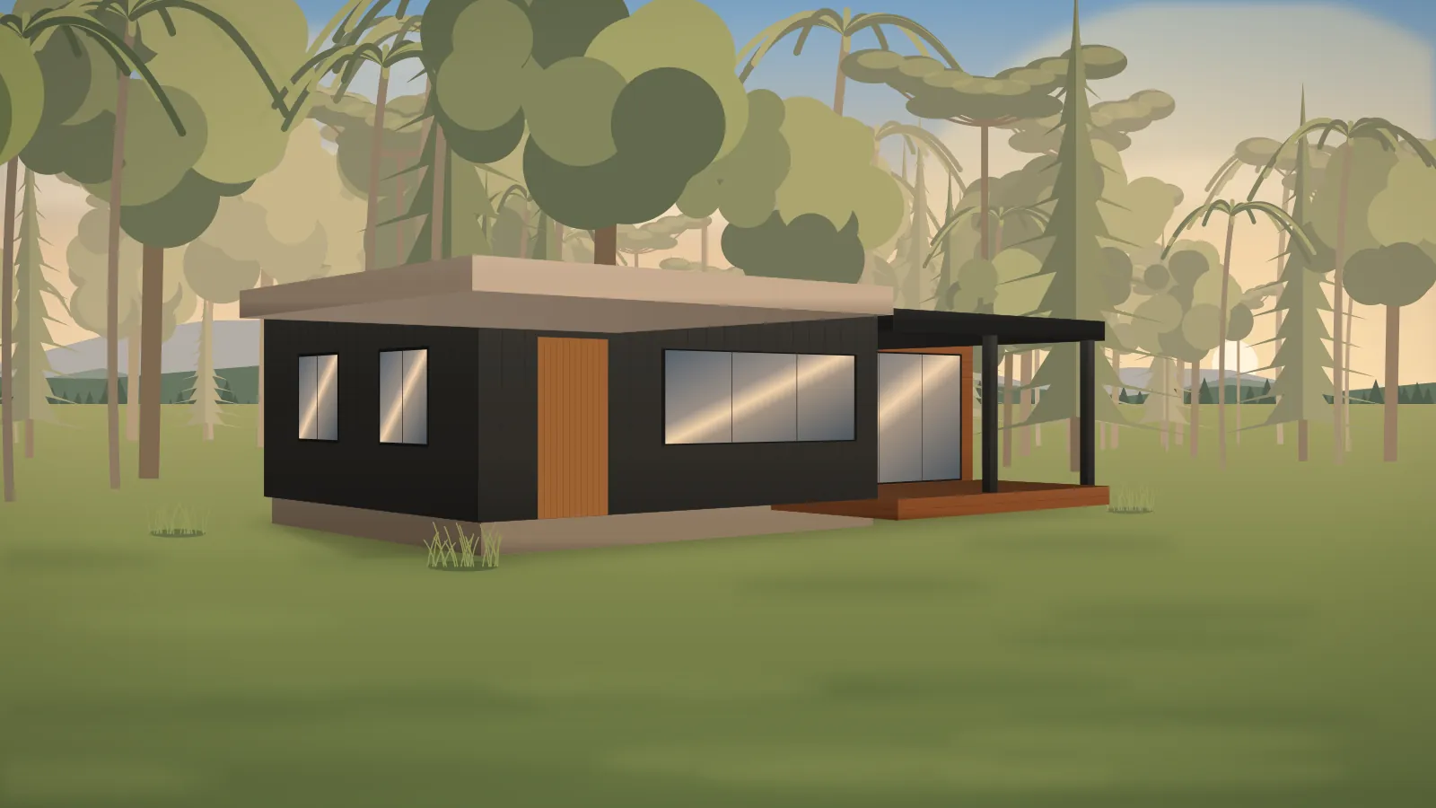 Casa modular de dois volumes com revestimento grafite e madeira e varanda coberta