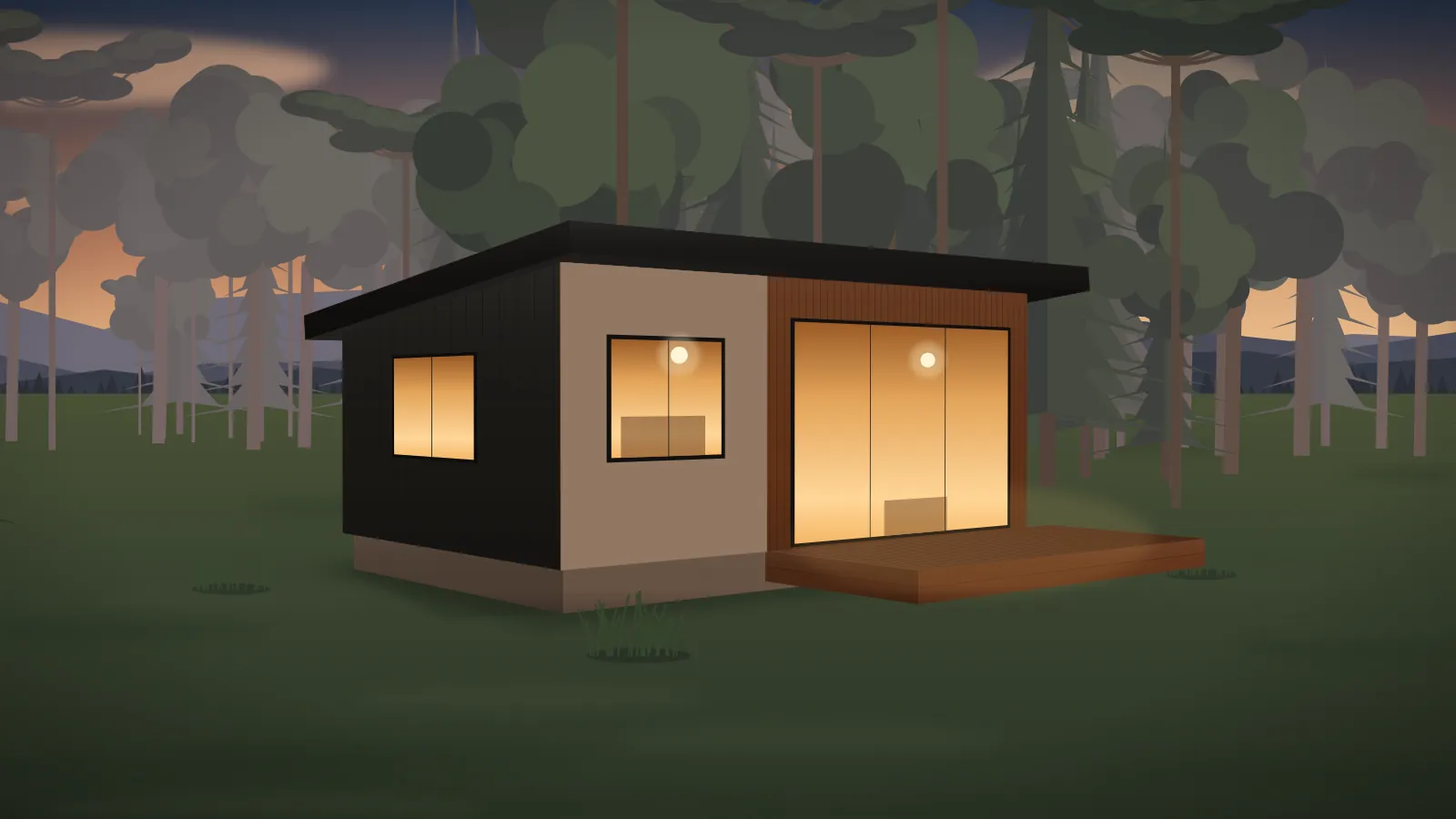 Casa modular compacta com revestimento grafite e madeira iluminada ao entardecer, com morros ao fundo como no Vale do Itajaí