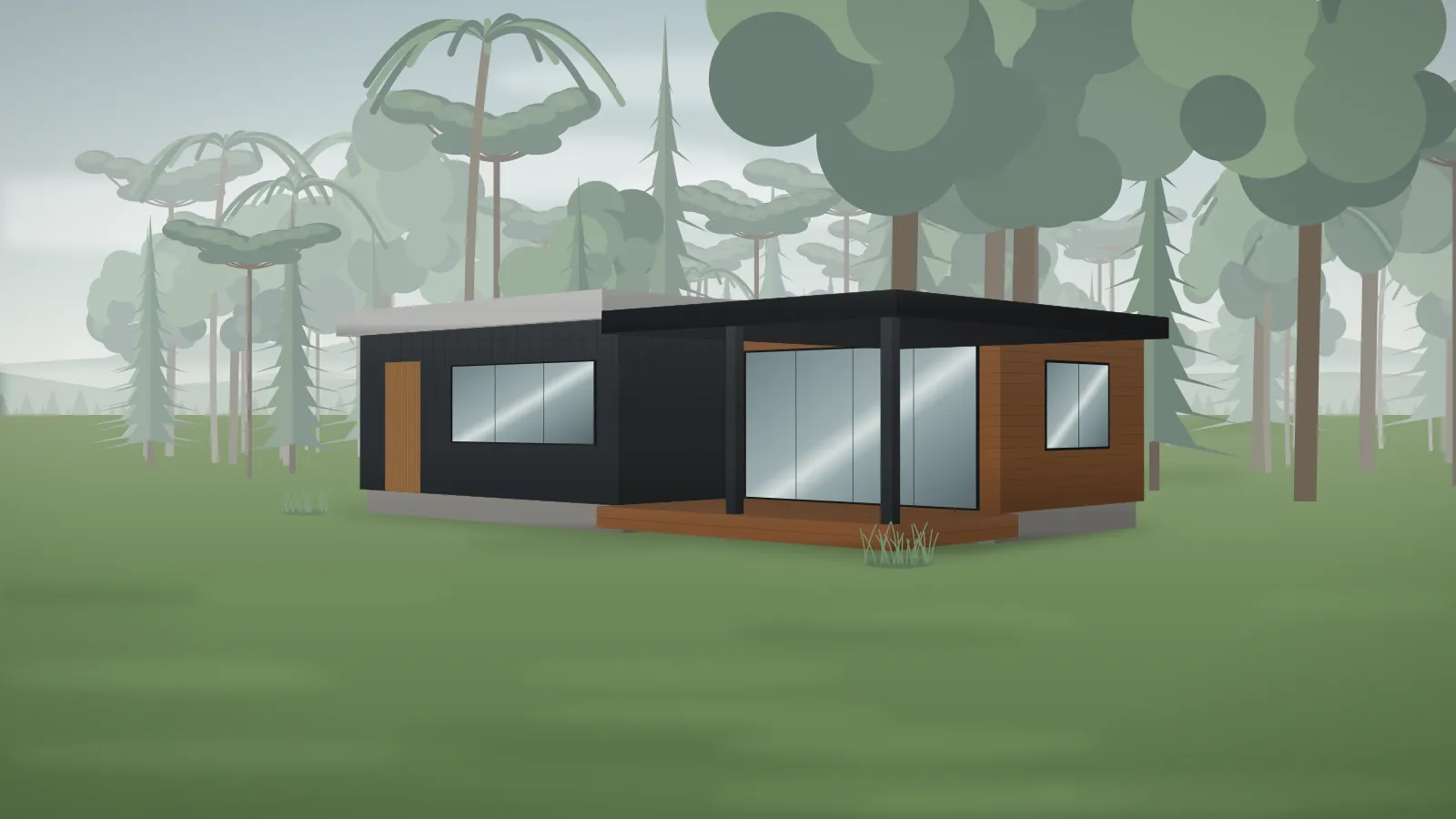 Casa modular de dois volumes em grafite e madeira em terreno arborizado com neblina da manhã, paisagem típica de Santa Catarina