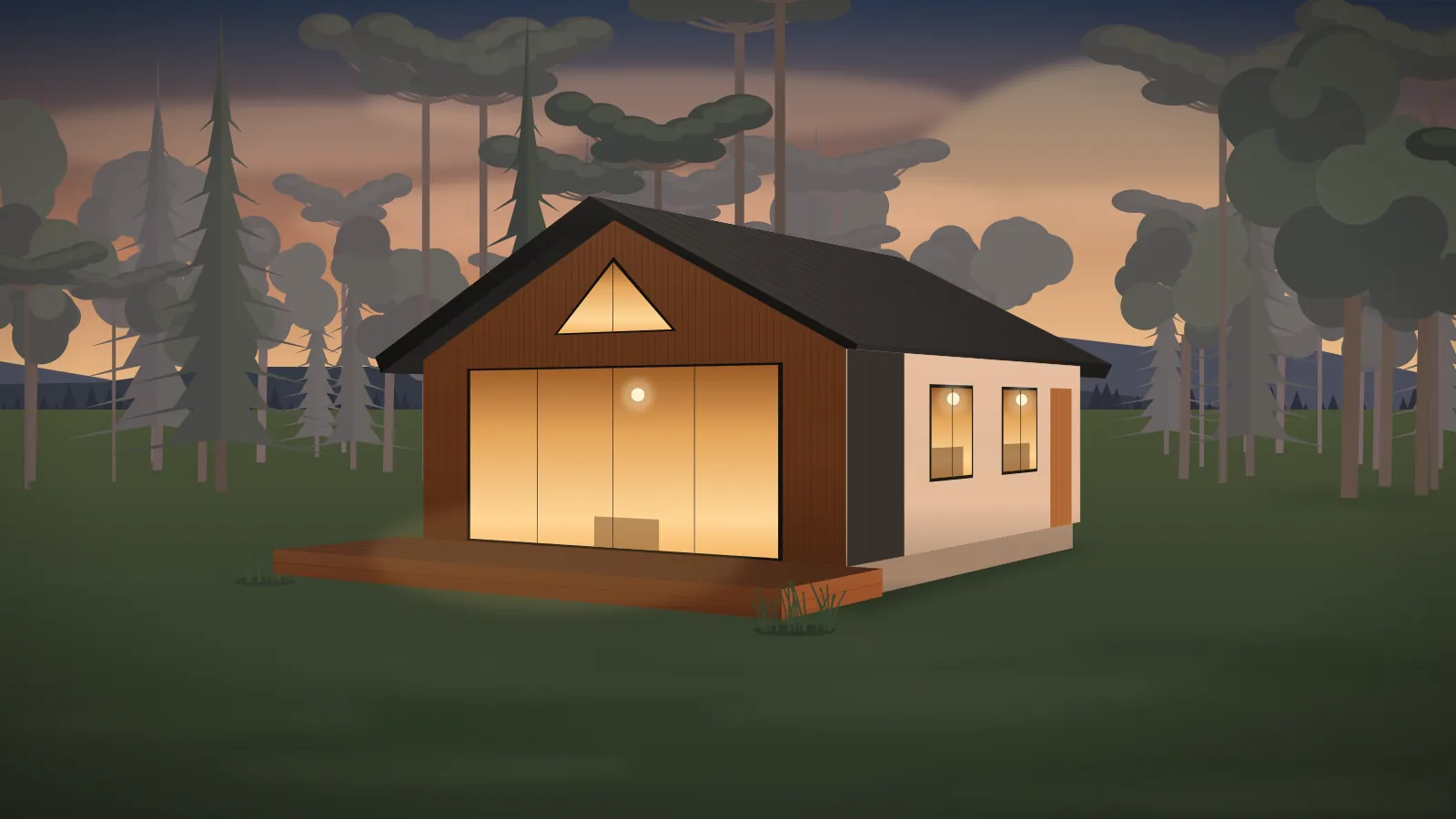 Casa modular com empena em madeira e janelas iluminadas ao entardecer em Santa Catarina
