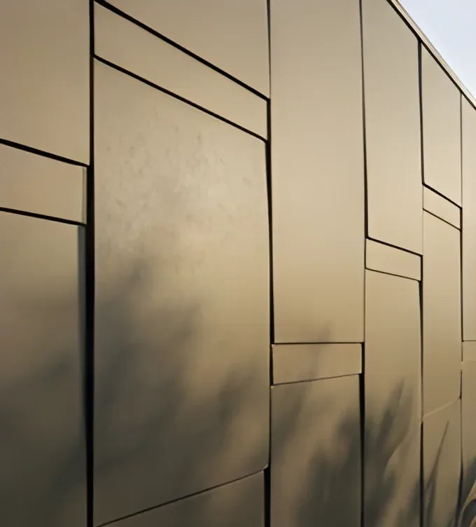 Detalhe de painéis de fachada em grafite com juntas aparentes