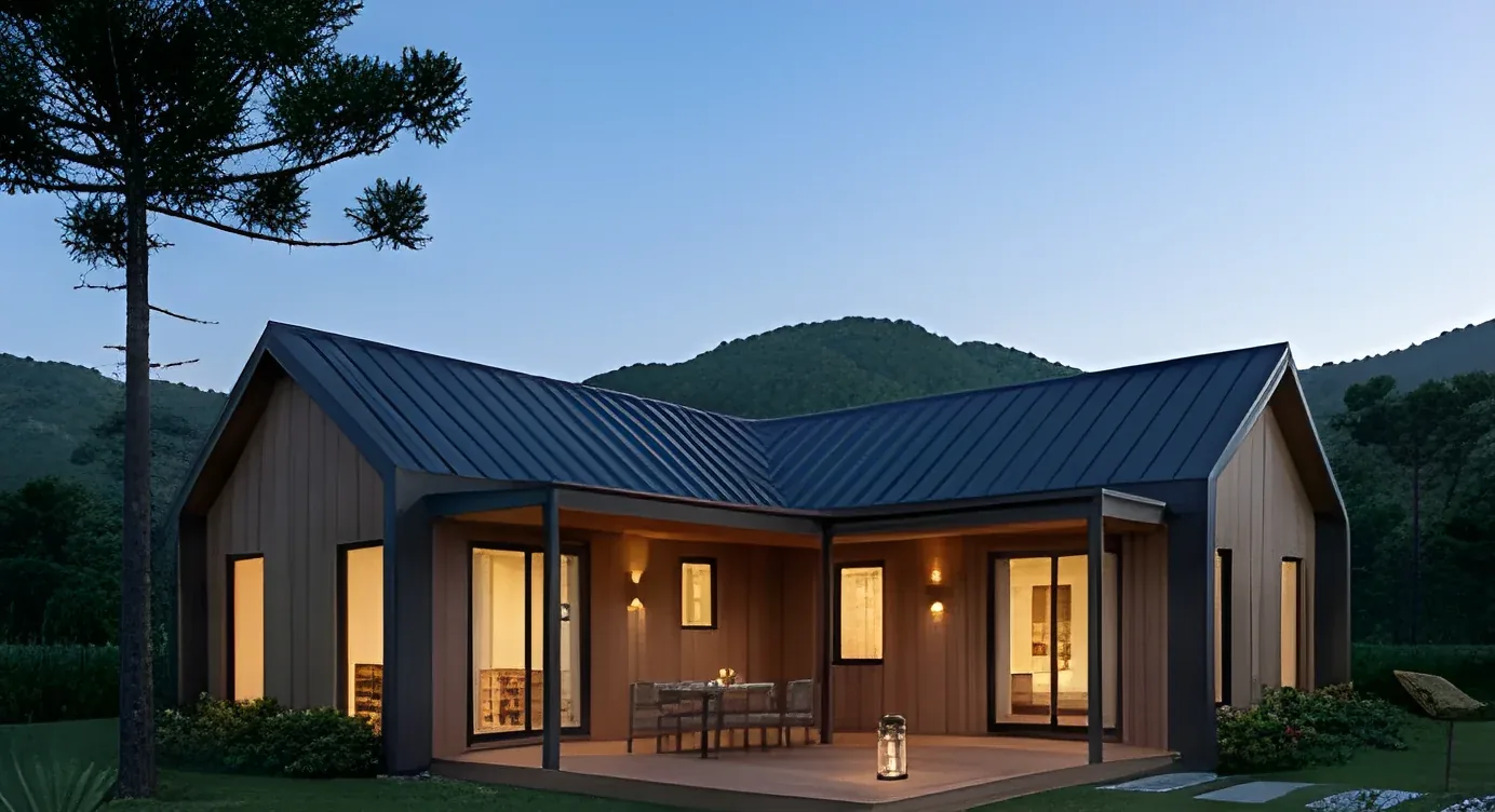Casa modular In House com varanda coberta e revestimento em madeira ao entardecer