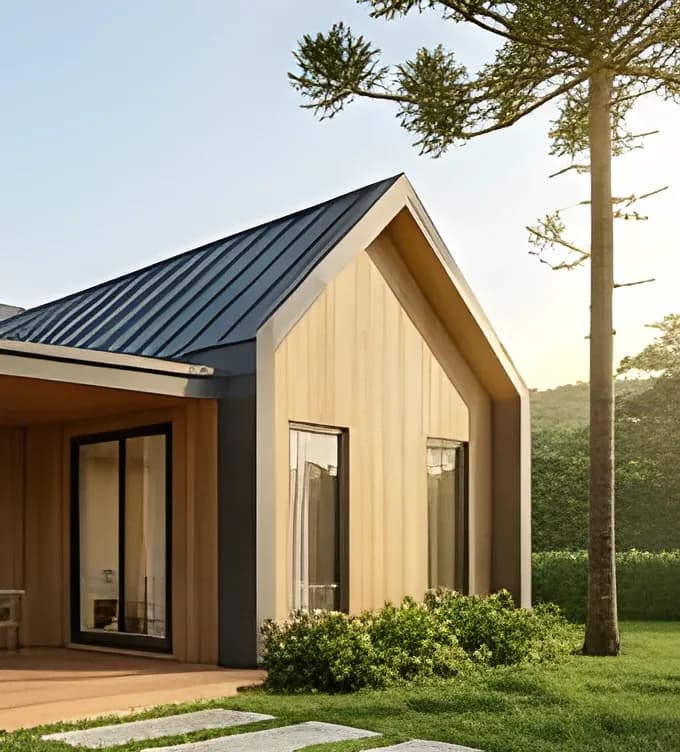 Empena em madeira de casa modular com telhado metálico e araucária ao fundo