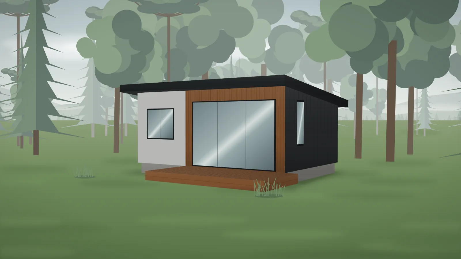 Casa modular Nativa de 35 m² com telhado de uma água, fachada em madeira e reboco claro em uma manhã nublada