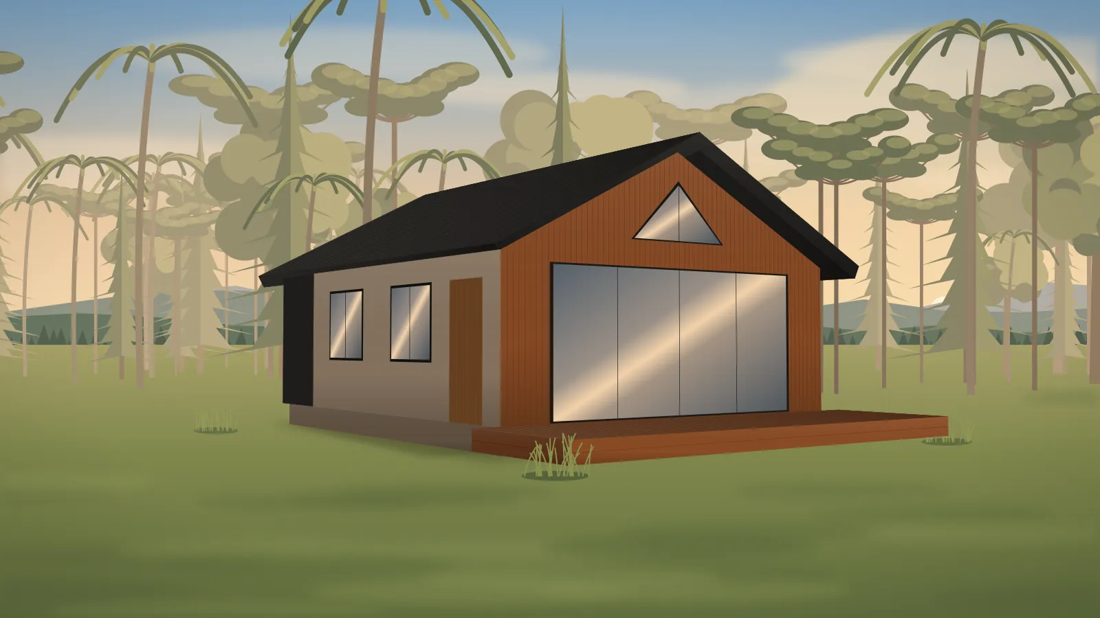 Casa modular Horizonte de 50 m² com empena frontal em madeira, grandes portas de vidro e telhado escuro de duas águas