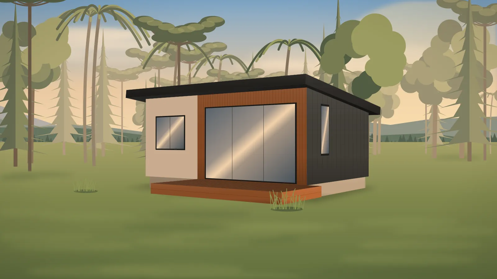 Casa modular contemporânea com fachada em madeira e reboco claro, porta de vidro e deck em terreno arborizado