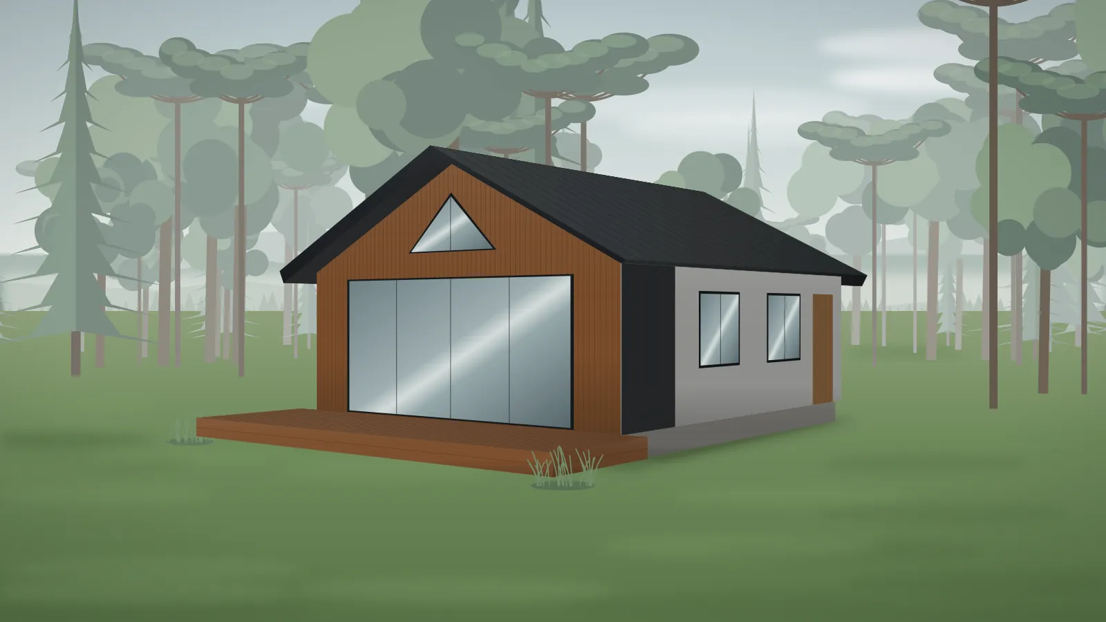 Casa modular com empena em madeira em área rural com pinheiros e neblina da manhã