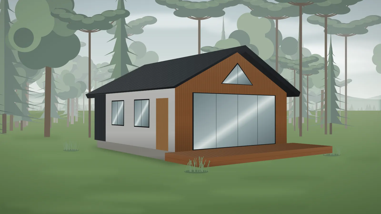 Casa modular com empena frontal em madeira e telhado escuro em meio à vegetação em uma manhã nublada