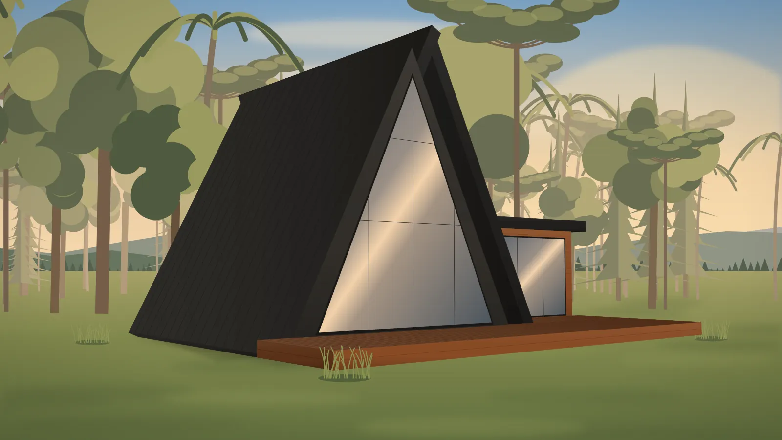 Chalé A-frame alto com grande fachada triangular de vidro, anexo em madeira e deck