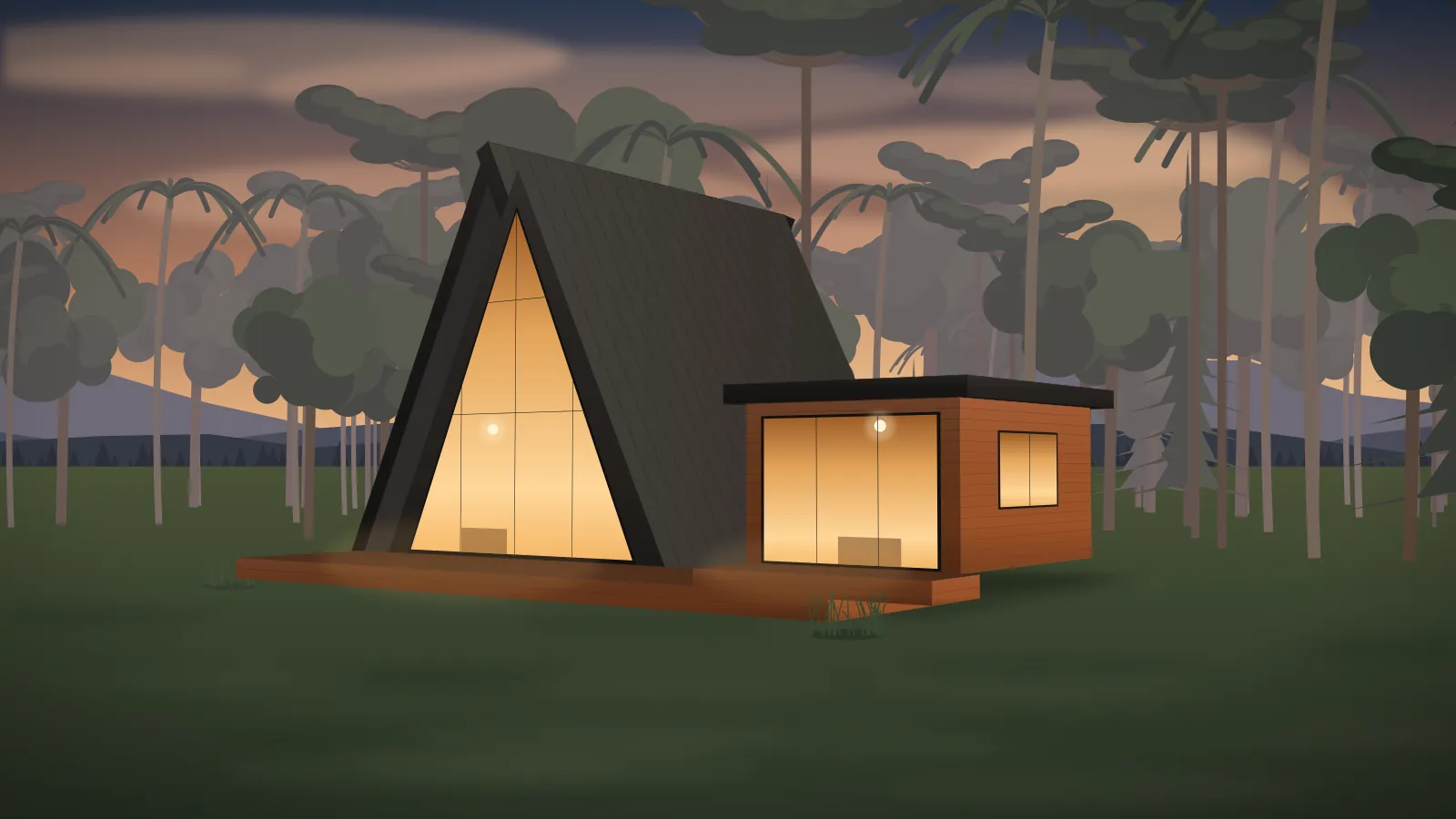 Chalé modular A-frame com grande fachada de vidro iluminada ao entardecer, resultado da construção modular